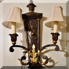 D29. Pair of resin and metal sconces with shades and gilt detail. 26”h - $95 ea.